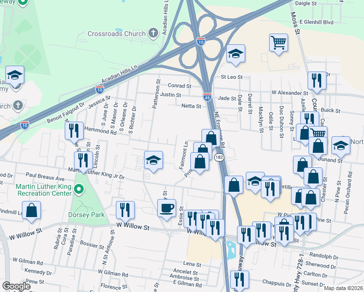 map of restaurants, bars, coffee shops, grocery stores, and more near 202 Mercer Lane in Lafayette