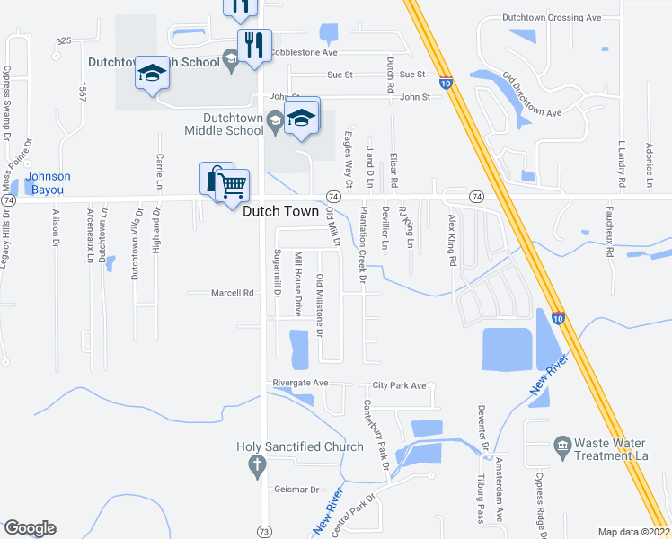 map of restaurants, bars, coffee shops, grocery stores, and more near 12433 Old Mill Drive in Geismar