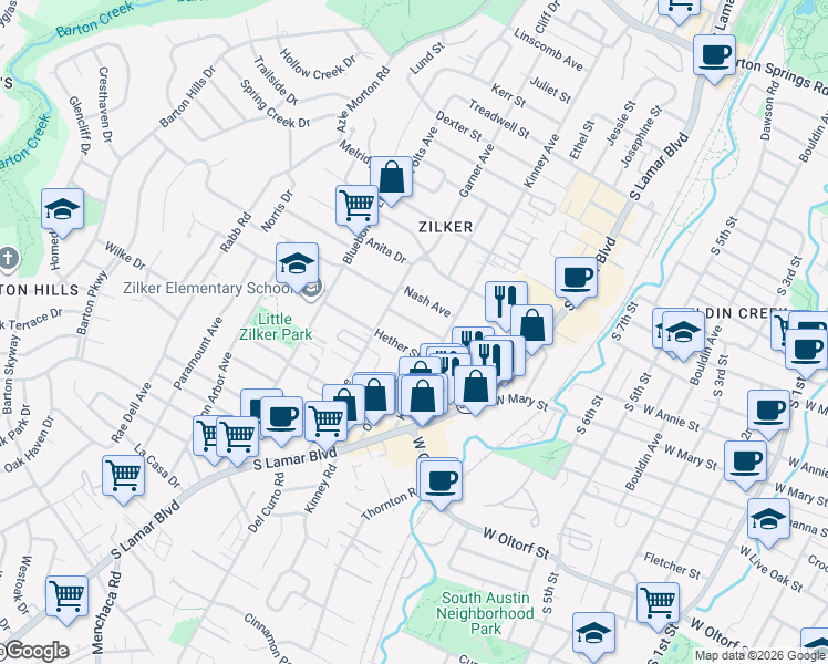 map of restaurants, bars, coffee shops, grocery stores, and more near 1700 Bauerle Avenue in Austin