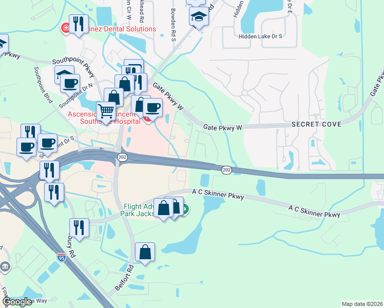 map of restaurants, bars, coffee shops, grocery stores, and more near 4225 Metron Drive in Jacksonville
