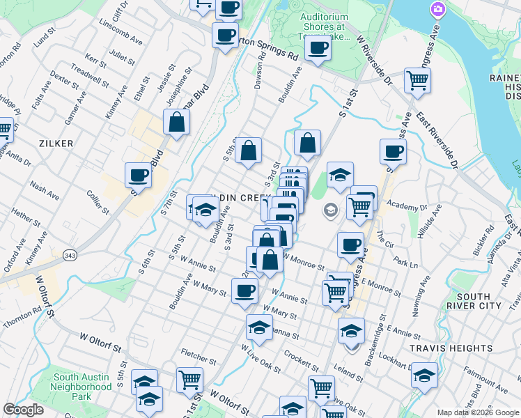 map of restaurants, bars, coffee shops, grocery stores, and more near 708 West Elizabeth Street in Austin