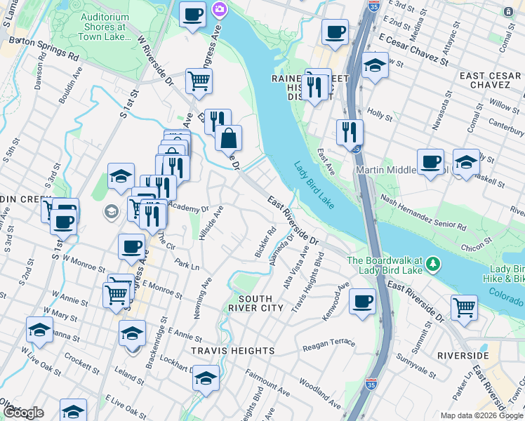 map of restaurants, bars, coffee shops, grocery stores, and more near 506 Academy Drive in Austin