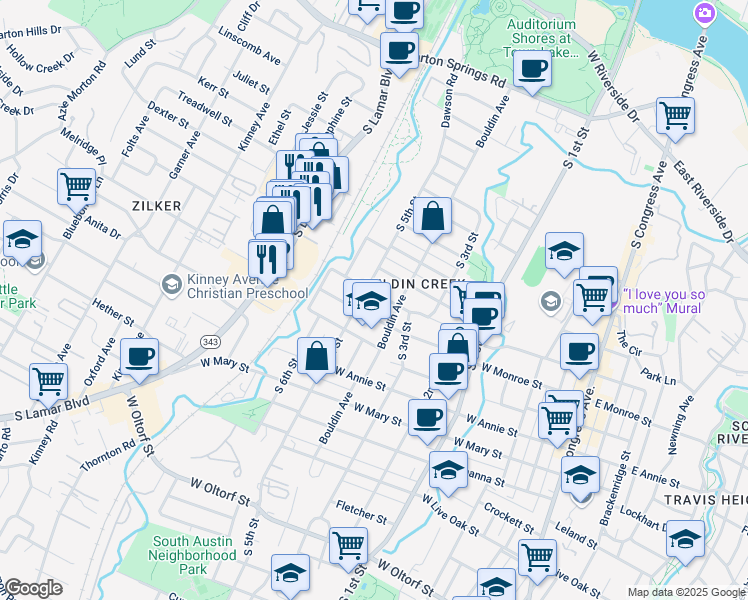 map of restaurants, bars, coffee shops, grocery stores, and more near 916 Jewell Street in Austin