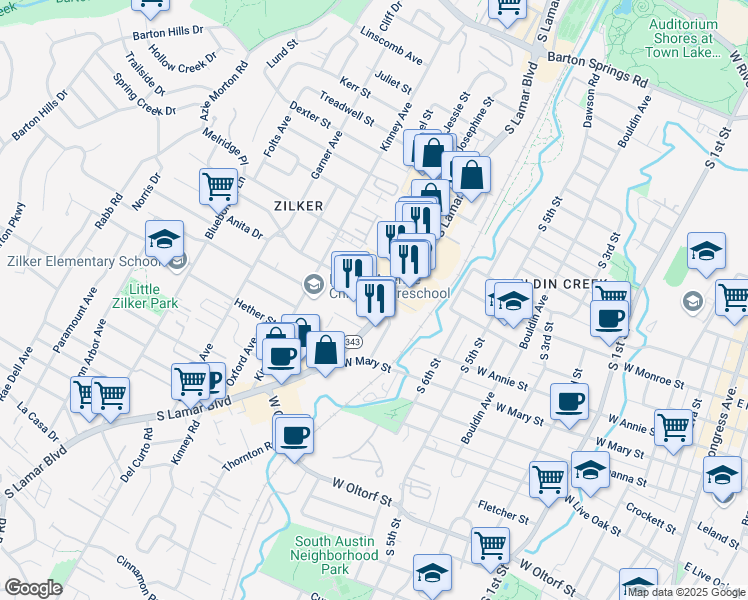 map of restaurants, bars, coffee shops, grocery stores, and more near 1412 Collier Street in Austin
