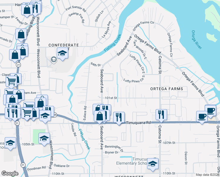 map of restaurants, bars, coffee shops, grocery stores, and more near 5110 Timawatha Avenue in Jacksonville