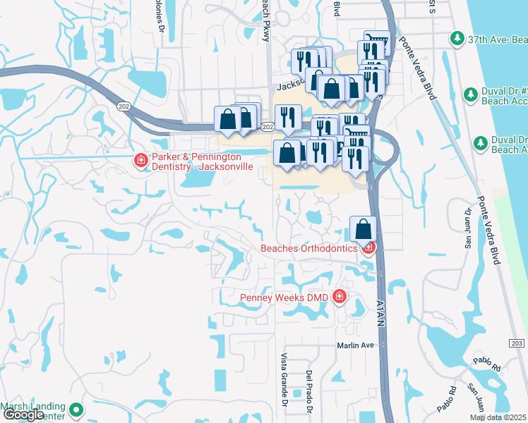 map of restaurants, bars, coffee shops, grocery stores, and more near 611 Ponte Vedra Lakes Boulevard in Palm Valley