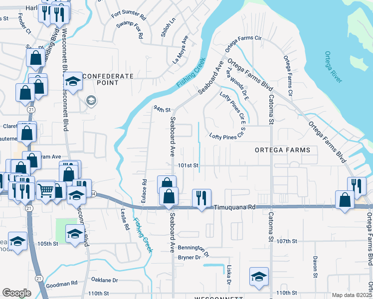 map of restaurants, bars, coffee shops, grocery stores, and more near 5125 Saginaw Avenue in Jacksonville
