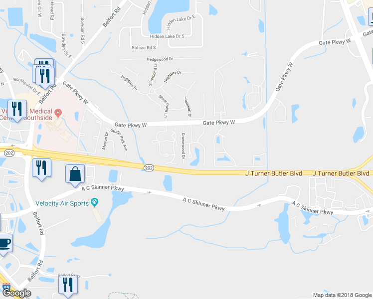 map of restaurants, bars, coffee shops, grocery stores, and more near 4158 Crownwood Drive in Jacksonville
