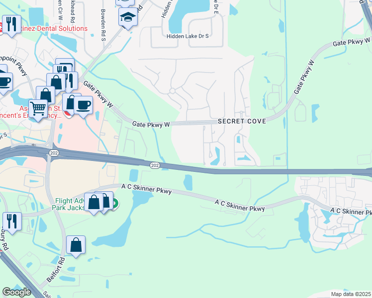 map of restaurants, bars, coffee shops, grocery stores, and more near 8290 Gate Parkway West in Jacksonville