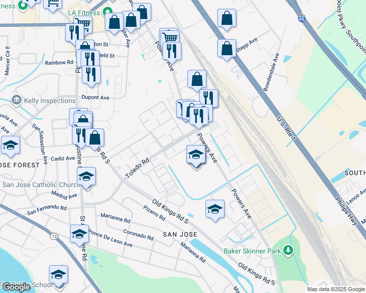 map of restaurants, bars, coffee shops, grocery stores, and more near 3924 Toledo Road in Jacksonville