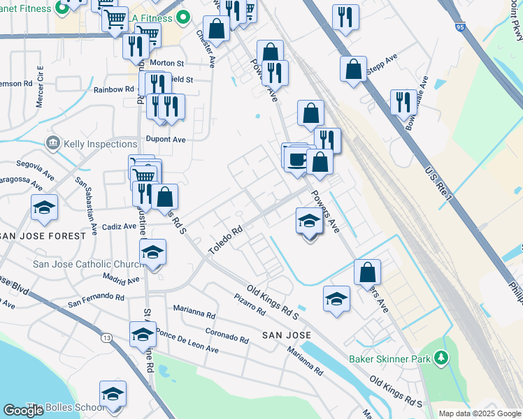 map of restaurants, bars, coffee shops, grocery stores, and more near 3901 Bell Tower Drive in Jacksonville