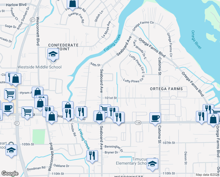 map of restaurants, bars, coffee shops, grocery stores, and more near 5110 Timawatha Avenue in Jacksonville