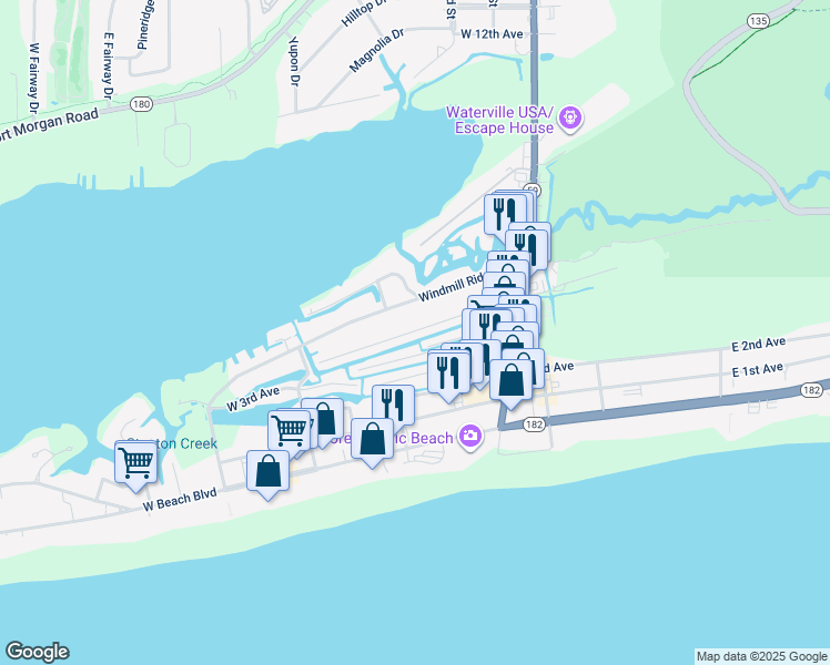 map of restaurants, bars, coffee shops, grocery stores, and more near 166 West 6th Avenue in Gulf Shores