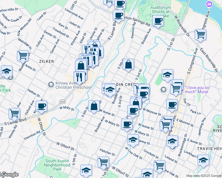 map of restaurants, bars, coffee shops, grocery stores, and more near 916 Jewell Street in Austin