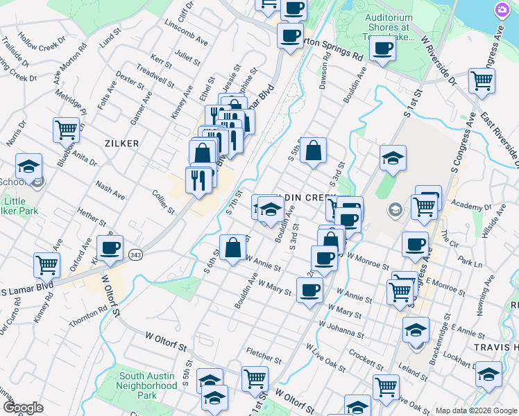 map of restaurants, bars, coffee shops, grocery stores, and more near 916 Jewell Street in Austin