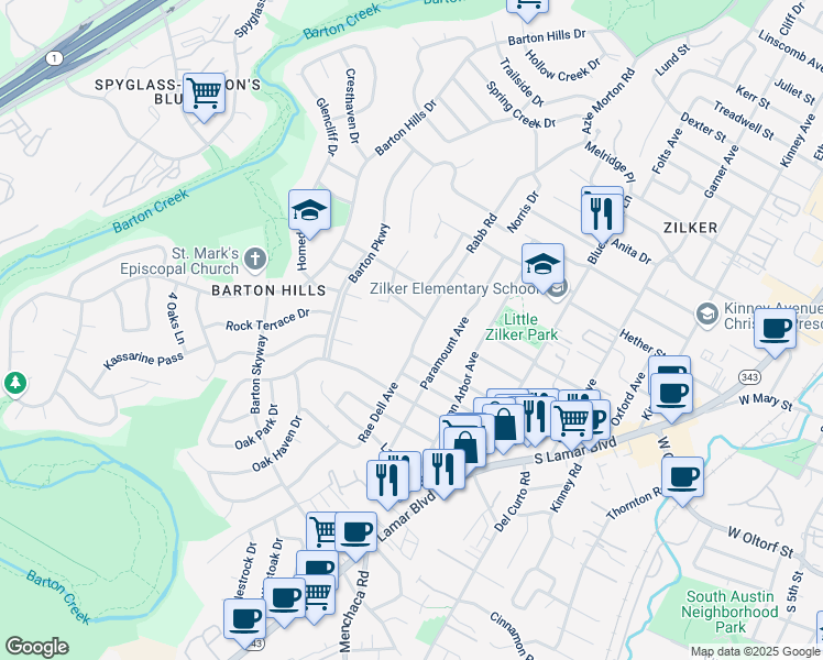 map of restaurants, bars, coffee shops, grocery stores, and more near 2106 Rabb Road in Austin