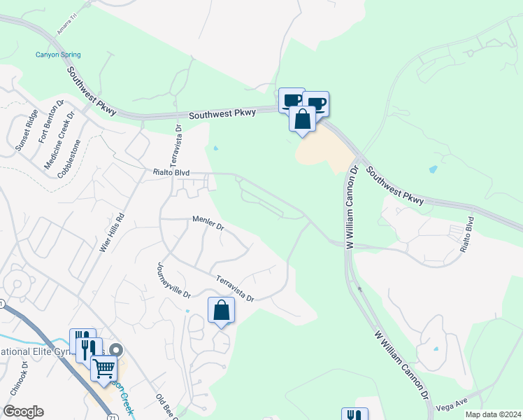 map of restaurants, bars, coffee shops, grocery stores, and more near 7601 Rialto Boulevard in Austin