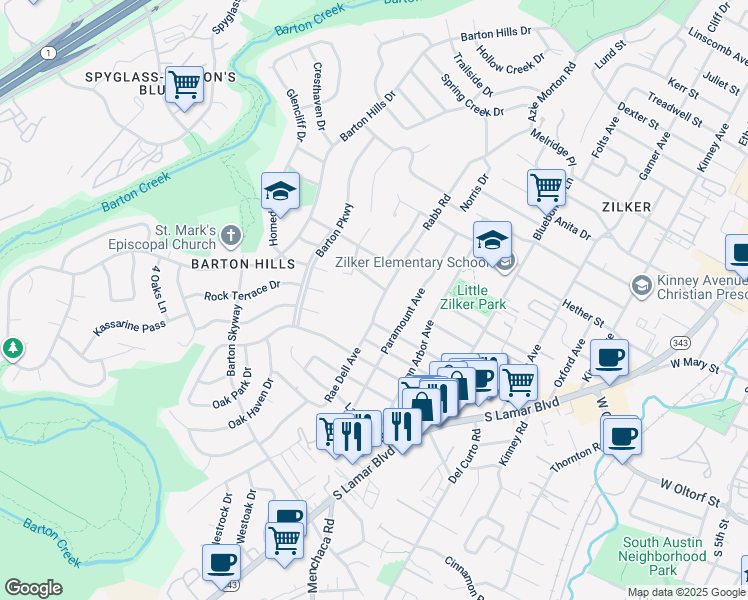 map of restaurants, bars, coffee shops, grocery stores, and more near 2106 Rabb Road in Austin