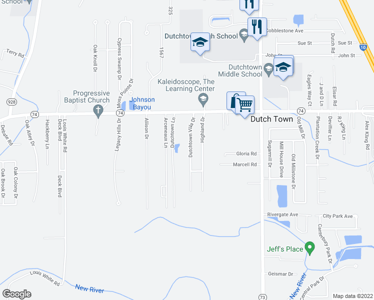 map of restaurants, bars, coffee shops, grocery stores, and more near 12407 Dutchtown Villa Drive in Geismar