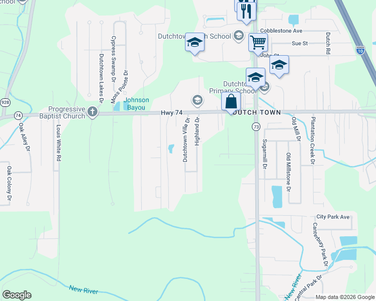 map of restaurants, bars, coffee shops, grocery stores, and more near 12423 Highland Drive in Geismar