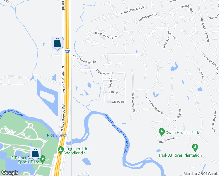 map of restaurants, bars, coffee shops, grocery stores, and more near Maple Drive in Conroe
