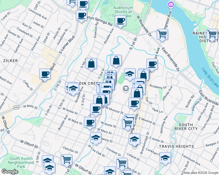 map of restaurants, bars, coffee shops, grocery stores, and more near 604 West Gibson Street in Austin