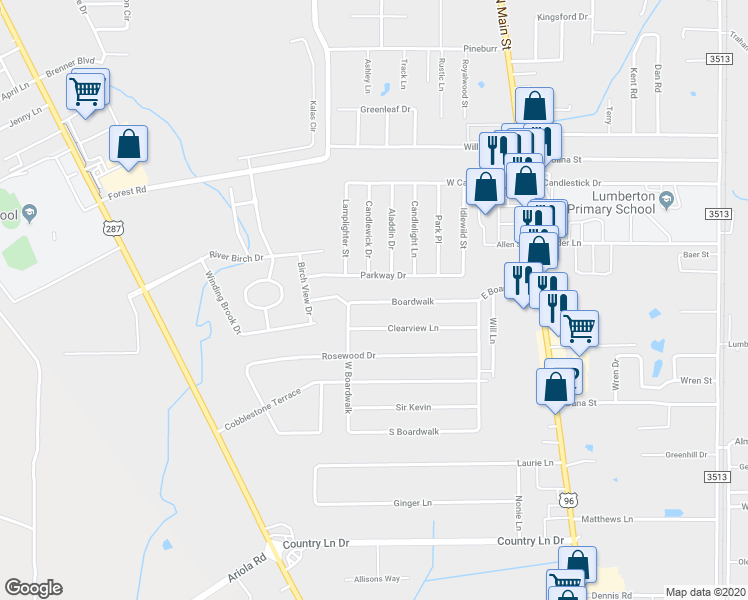 map of restaurants, bars, coffee shops, grocery stores, and more near 7678 Boardwalk in Lumberton