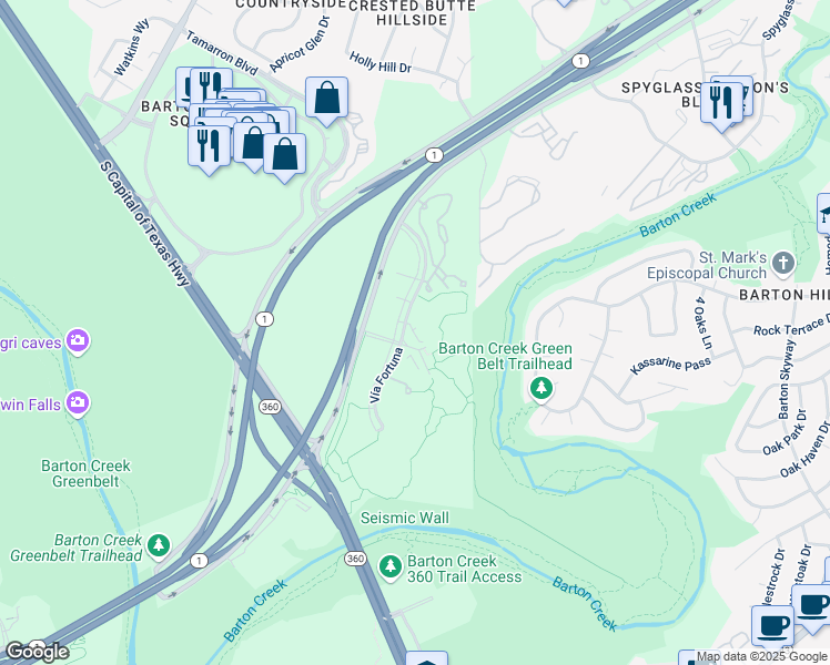 map of restaurants, bars, coffee shops, grocery stores, and more near 2801 Vía Fortuna in Austin
