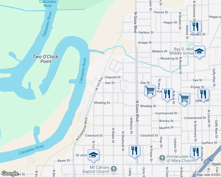 map of restaurants, bars, coffee shops, grocery stores, and more near 1116 N Lyons St in Lake Charles