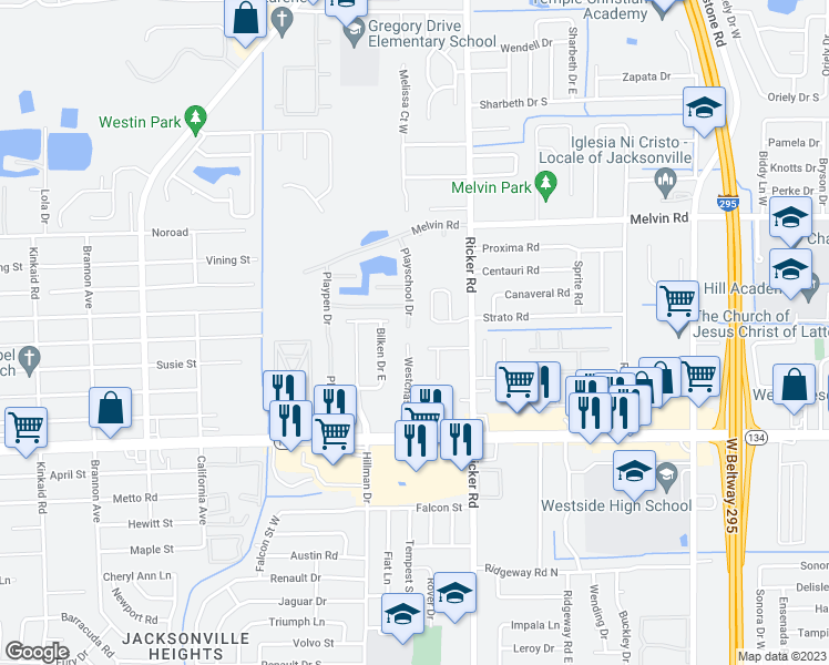 map of restaurants, bars, coffee shops, grocery stores, and more near 4829 Playschool Drive in Jacksonville