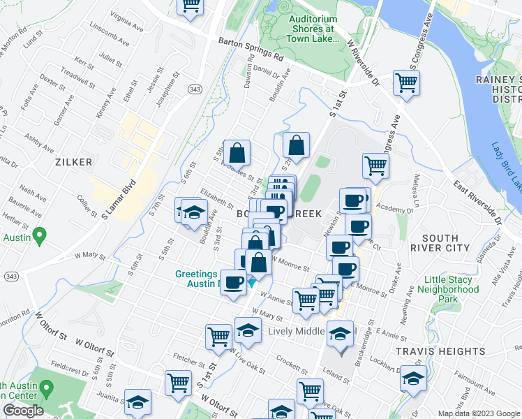 map of restaurants, bars, coffee shops, grocery stores, and more near 701 West Gibson Street in Austin