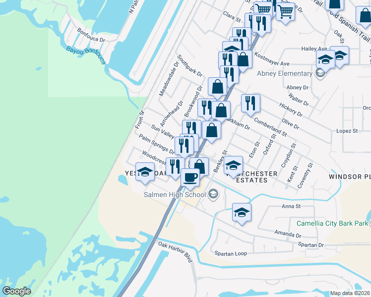 map of restaurants, bars, coffee shops, grocery stores, and more near 3901 Riviera Drive in Slidell