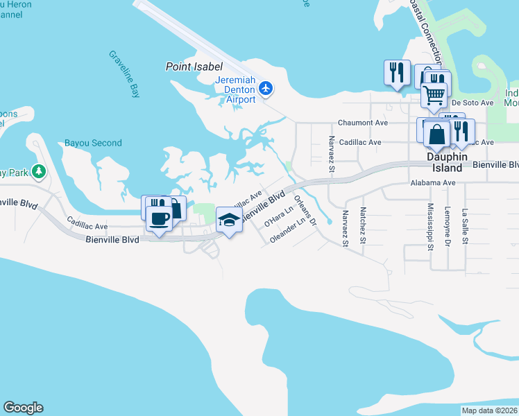 map of restaurants, bars, coffee shops, grocery stores, and more near 1413 Bienville Boulevard in Dauphin Island
