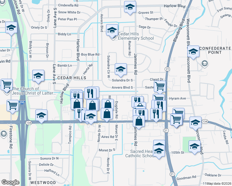 map of restaurants, bars, coffee shops, grocery stores, and more near 6517 Romilly Drive in Jacksonville