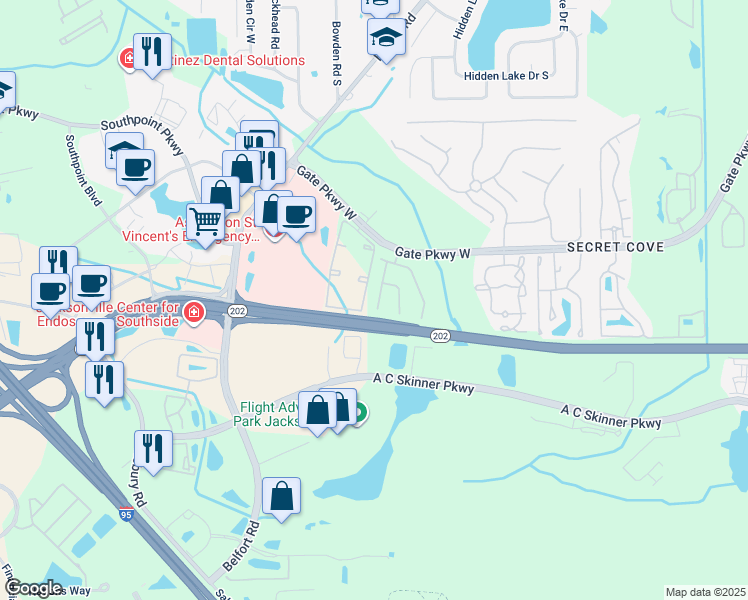 map of restaurants, bars, coffee shops, grocery stores, and more near 4225 Metron Drive in Jacksonville