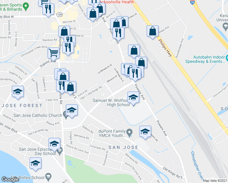 map of restaurants, bars, coffee shops, grocery stores, and more near 3901 Bell Tower Drive in Jacksonville