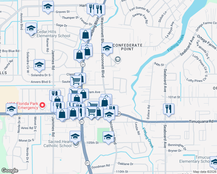 map of restaurants, bars, coffee shops, grocery stores, and more near 5985 Wesconnett Boulevard in Jacksonville