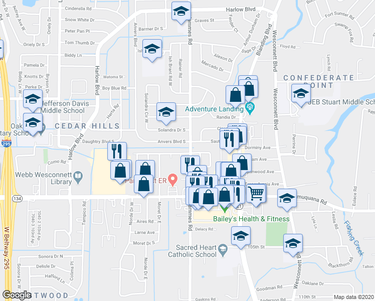 map of restaurants, bars, coffee shops, grocery stores, and more near 6343 Romilly Drive in Jacksonville