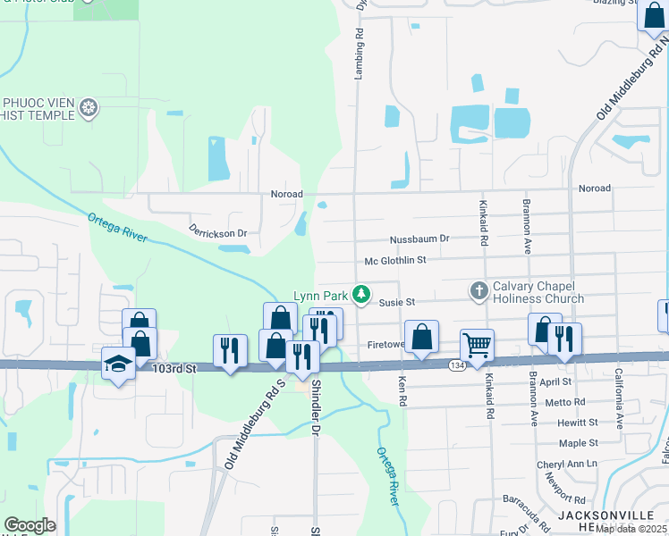 map of restaurants, bars, coffee shops, grocery stores, and more near 4908 Lambing Road in Jacksonville