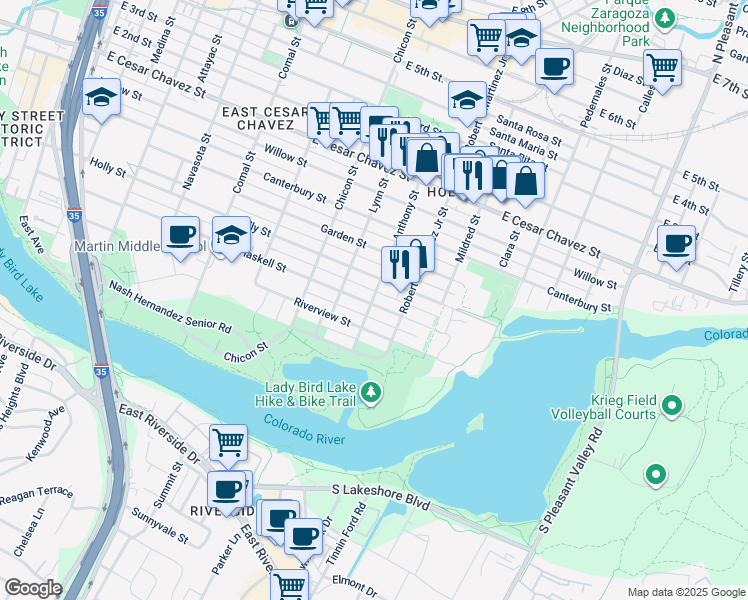 map of restaurants, bars, coffee shops, grocery stores, and more near 2105 Holly Street in Austin