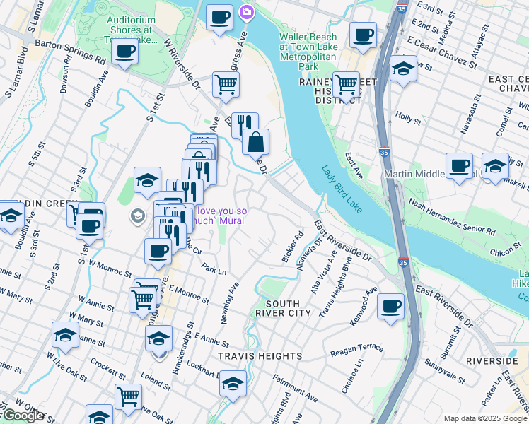 map of restaurants, bars, coffee shops, grocery stores, and more near 1106 Newning Avenue in Austin
