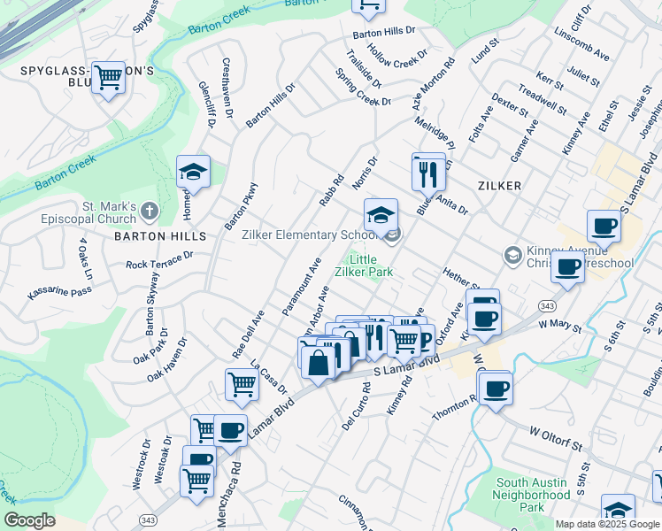 map of restaurants, bars, coffee shops, grocery stores, and more near 2102 Paramount Avenue in Austin
