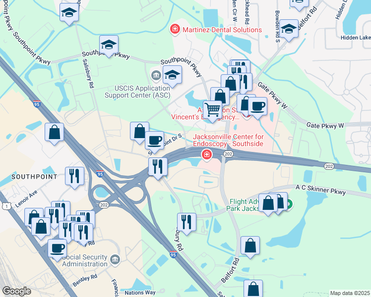 map of restaurants, bars, coffee shops, grocery stores, and more near 4345 Southpoint Boulevard in Jacksonville