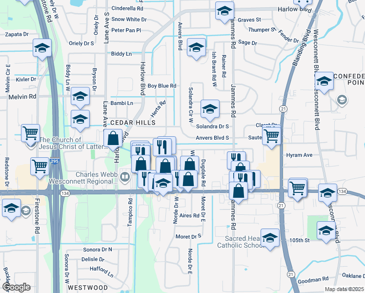 map of restaurants, bars, coffee shops, grocery stores, and more near 6619 Romilly Drive in Jacksonville