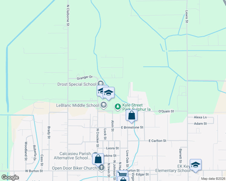 map of restaurants, bars, coffee shops, grocery stores, and more near 1100 North Crocker Street in Sulphur