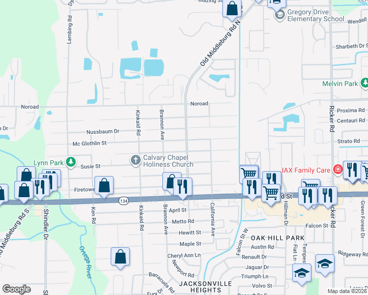 map of restaurants, bars, coffee shops, grocery stores, and more near 4924 Old Middleburg Road North in Jacksonville