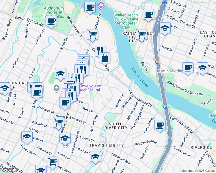 map of restaurants, bars, coffee shops, grocery stores, and more near 402 Academy Drive in Austin