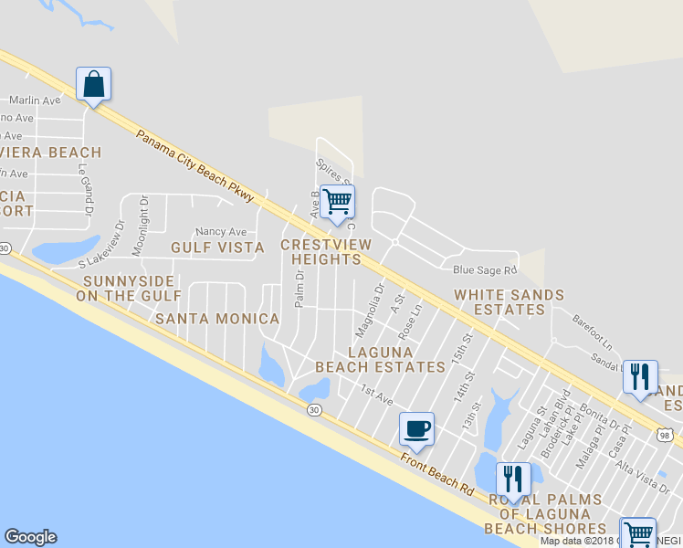 map of restaurants, bars, coffee shops, grocery stores, and more near 334 Christmas Tree Ln in Panama City Beach