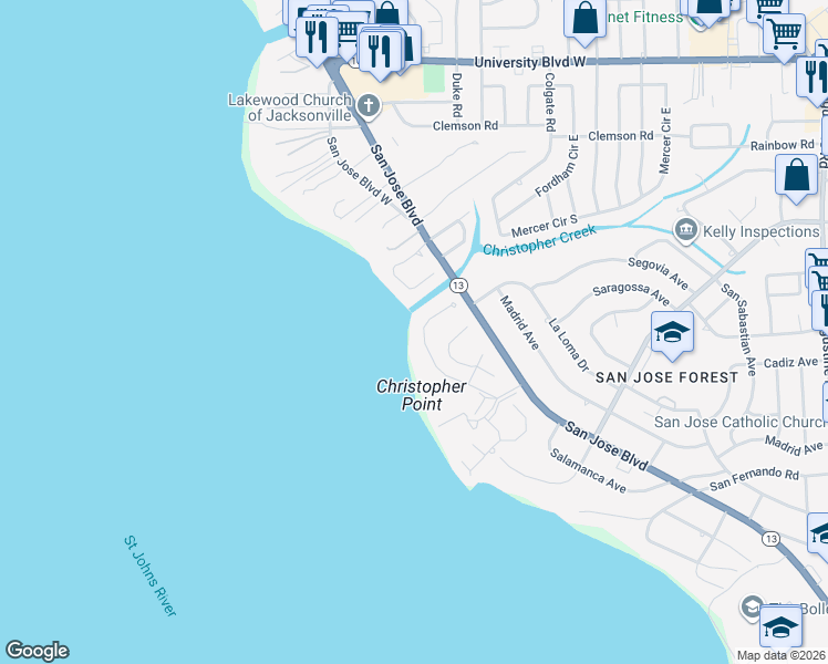 map of restaurants, bars, coffee shops, grocery stores, and more near 6676 Epping Forest Way North in Jacksonville