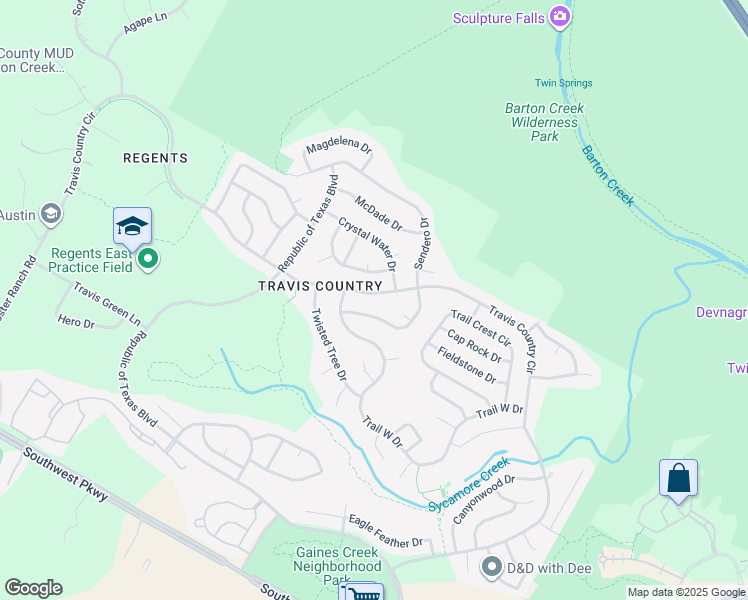 map of restaurants, bars, coffee shops, grocery stores, and more near 4130 Travis Country Circle in Austin